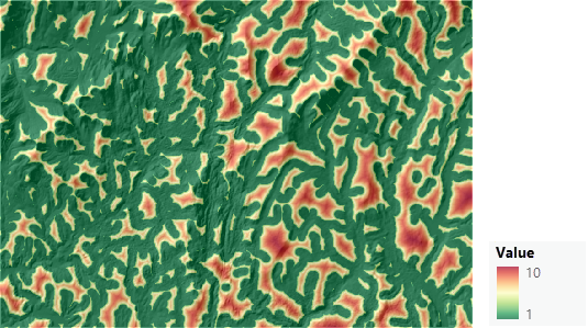 Map of transformed distance from streams criterion