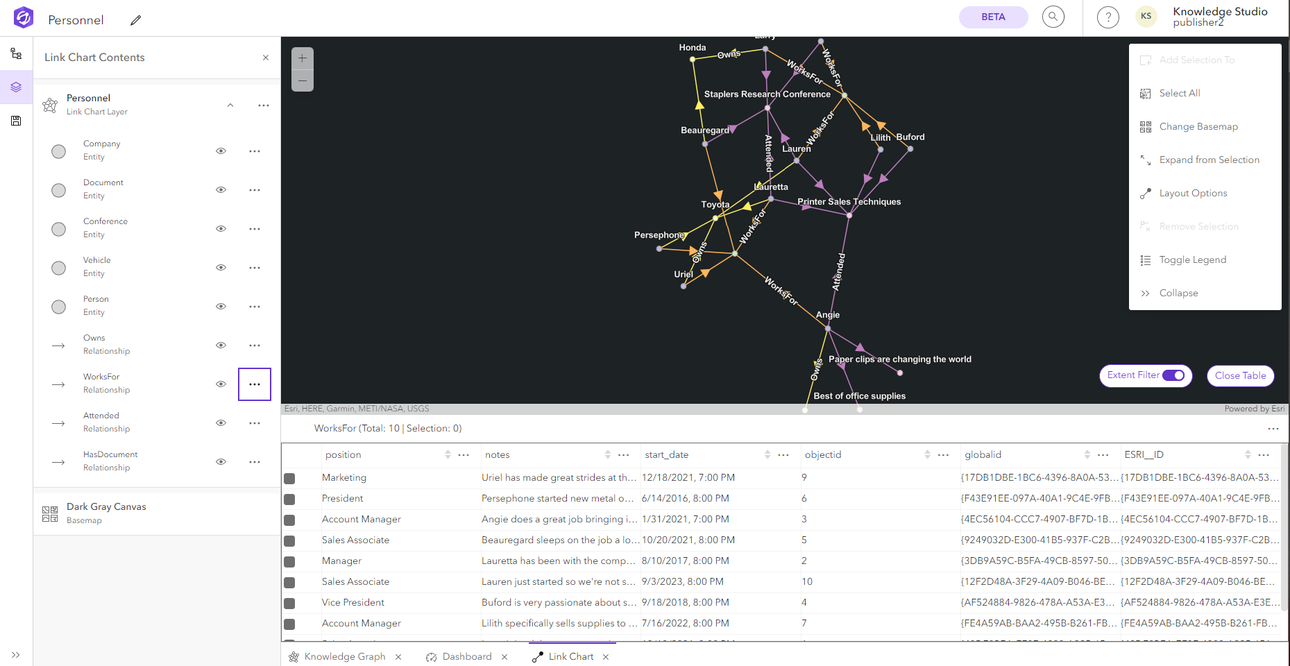 Link chart with table open