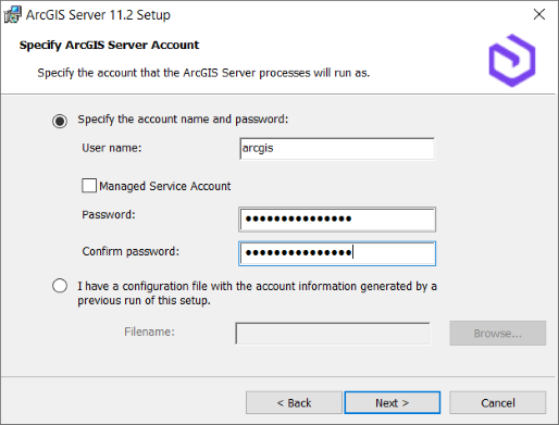 Specify the ArcGIS Server account.