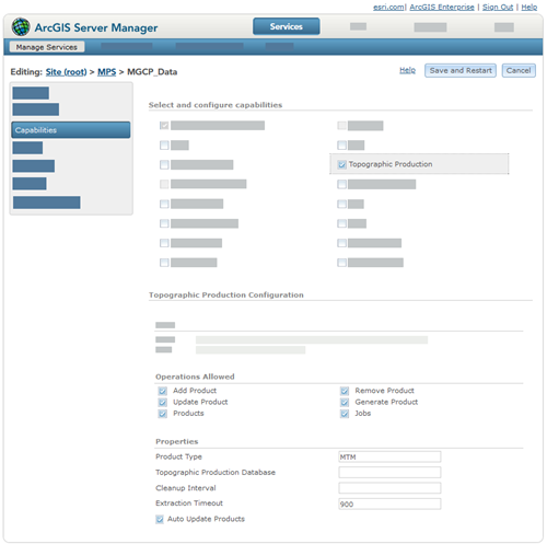 ArcGIS Server Manager with the topographic production capability selected to show its operations and other properties that were set in ArcGIS Pro